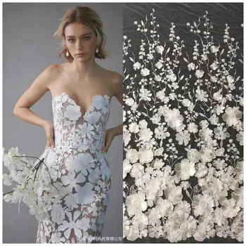 Naujausias ir Aukščiausios Kokybės Balti Mados Afrikos audinio Su 3D Gėlių prancūzijos Embroedered Net Nėrinių Mados Suknelė